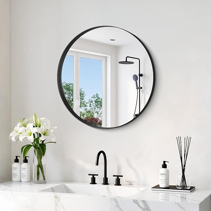Black Round Mirror 18 inch Deep Frame Circle Mirror, Metal Framed Bathroom Mirror, Round Vanity Mirror, Circle Mirrors for Wall Entryway Bedroom Living Room Hallway