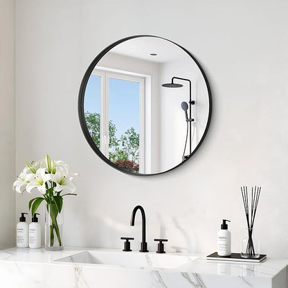 Black Round Mirror 18 inch Deep Frame Circle Mirror, Metal Framed Bathroom Mirror, Round Vanity Mirror, Circle Mirrors for Wall Entryway Bedroom Living Room Hallway