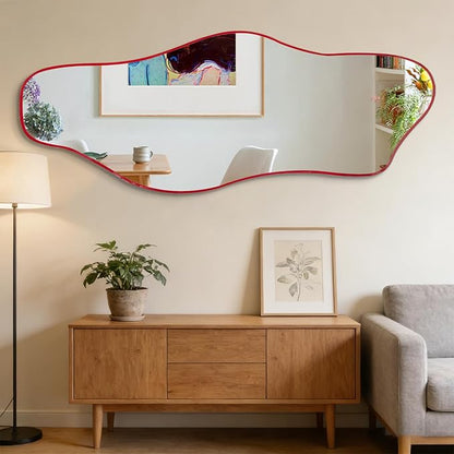 Irregular Wall Mirror, 60"x24" Red Asymmetrical Tempered Glass Mirror, Large Modern Organic Frameless Mirrors for Living Room Bedroom Hallway Entryway, Horizontal or Vertical Hanging