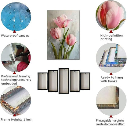 Tulips Pictures Wall Art for Bathroom Pink Flowers Modern Spring Floral Paintings Canvas Prints Artwork for Living Room Bedroom Home Decoration Framed