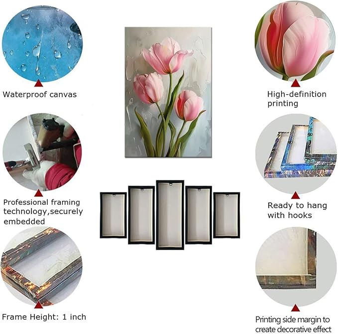 Tulips Pictures Wall Art for Bathroom Pink Flowers Modern Spring Floral Paintings Canvas Prints Artwork for Living Room Bedroom Home Decoration Framed