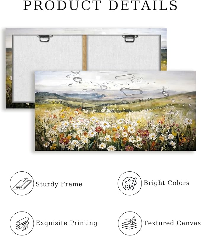 SERIMINO Green Rustic Landscape Wall Art, Mountain Floral Field Large Artwork, Meadow Daisy Scenery Canvas Prints, Nature Wildflower Wall Pictures for Living Room Kitchen Cottage Farmhouse 20X40 Inch