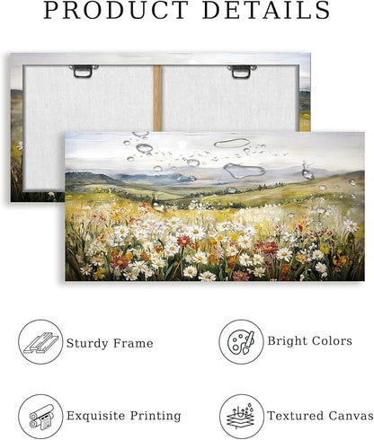 SERIMINO Green Rustic Landscape Wall Art, Mountain Floral Field Large Artwork, Meadow Daisy Scenery Canvas Prints, Nature Wildflower Wall Pictures for Living Room Kitchen Cottage Farmhouse 20X40 Inch