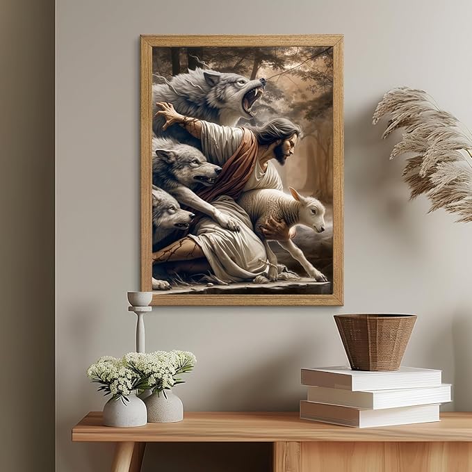 Framed Jesus and Lamb Canvas Wall Art Jesus Saves The Lost Lamb Picture Wall Decor God Protect A sheep From Wolves Painting Print Christian Poster Artwork for Living Room Bedroom Church (24x36 in)