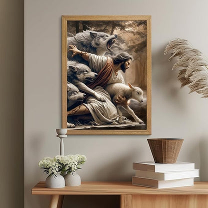 Framed Jesus and Lamb Canvas Wall Art Jesus Saves The Lost Lamb Picture Wall Decor God Protect A sheep From Wolves Painting Print Christian Poster Artwork for Living Room Bedroom Church (24x36 in)
