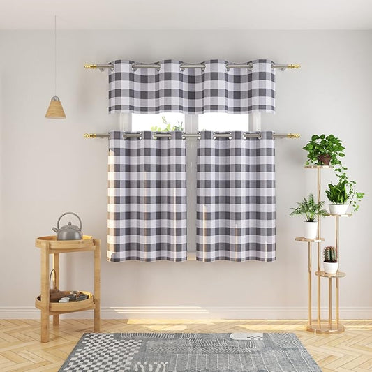 3 Pc Cotton Classic Country Farmhouse Kitchen Window Curtain Grommet Top -Grey & White Buffalo Check Tier & Valance Set, 54" x 18" / 32" x 30"