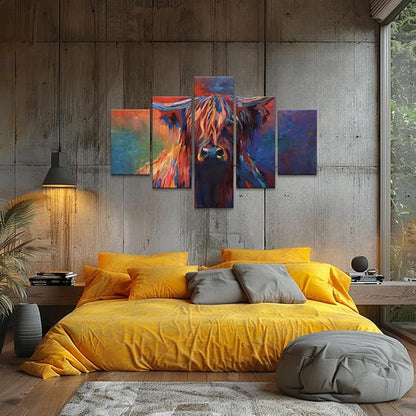 Highland Cow Canvas Wall Art Cow Pictures Modern Abstract Oil Painting on Canvas 5 Panels for Home Decor Living Room, Framed 60L x 40W