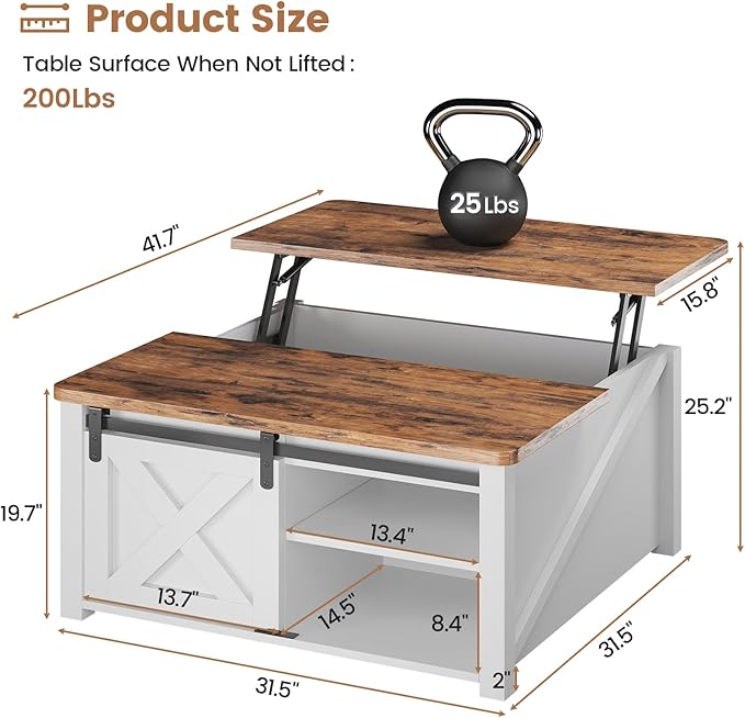 SEDETA 31.5" Lift Top Coffee Table with Storage, Square Coffee Tables for Living Room, Farmhouse Coffee Table with Large Hidden Storage Compartment and Adjustable Shelves, White