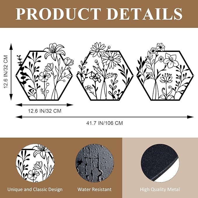 ESTART 3 Pcs Metal Flower Wall Decor Minimalist Floral Wall Hanging Decor Metal Flower Rustic Floral Art for Spring Bedroom Bathroom Living Room Kitchen Dining Room Decoration (Black)