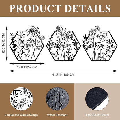 ESTART 3 Pcs Metal Flower Wall Decor Minimalist Floral Wall Hanging Decor Metal Flower Rustic Floral Art for Spring Bedroom Bathroom Living Room Kitchen Dining Room Decoration (Black)
