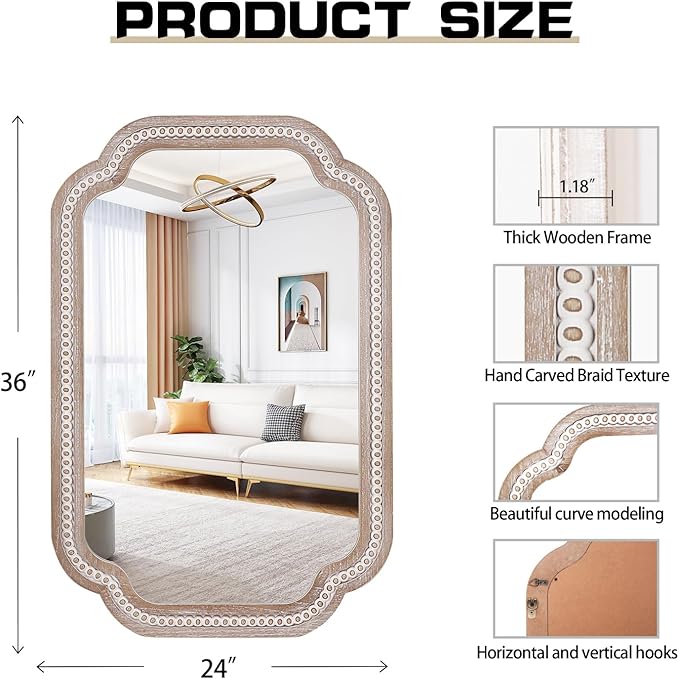 36x24 Inch Boho Wooden Scalloped Mirror for Entryway, Rustic Farmhouse Decorative Mirrors for Bathroom Over Sink, Living Room, Bedroom, Hallway (Vertical/Horizontal)