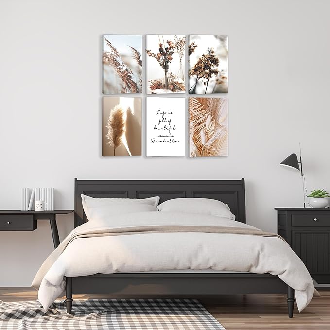 HoozGee Framed Nature Canvas Wall Art Prints Built-in Wooden Frame Botanical Art Wall Decor Reed Dried Flower Plant Poster for Home Bedroom Living Room Decor (16"x24" FRAMED)