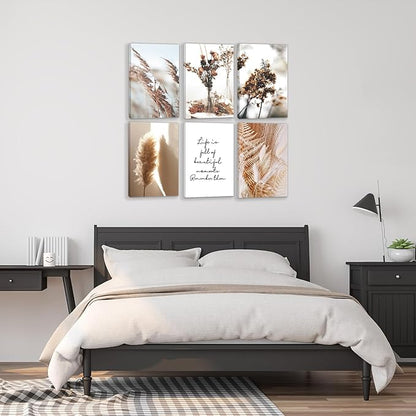 HoozGee Framed Nature Canvas Wall Art Prints Built-in Wooden Frame Botanical Art Wall Decor Reed Dried Flower Plant Poster for Home Bedroom Living Room Decor (8"x12" FRAMED)