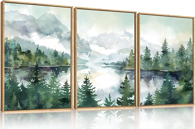 Watercolor Mountain Framed Canvas Wall Art Set, Boho Forest Wall Decor, Nature Green Pines Wall Painting, Forest Wilderness Artwork for Living Room, Bedroom, Dining Room, Office-16 x24 x3