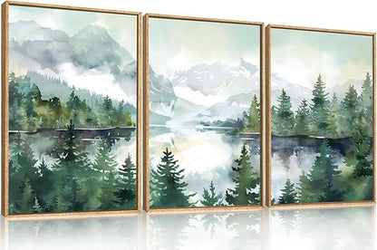 Watercolor Mountain Framed Canvas Wall Art Set, Boho Forest Wall Decor, Nature Green Pines Wall Painting, Forest Wilderness Artwork for Living Room, Bedroom, Dining Room, Office-16 x24 x3