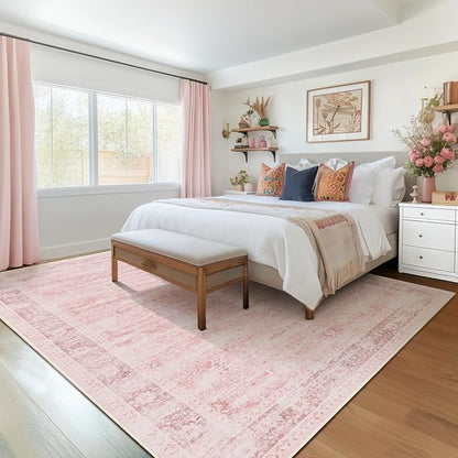 Large Pink Living Room Rug 9x12, Aesthetic Distressed Area Rugs for Bedroom Girls Playroom, Washable Non Slip Nursery Rug Stain Resistant, Low Pile Thin Carpet Rug for Dining Room Home Office