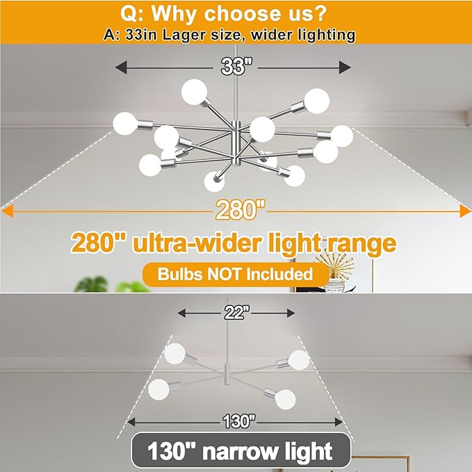 10.9"-52.3" Height Adjustable Modern Chandelier Ceiling Light Fixture, 12-Light Sputnik Chandeliers Brushed Nickel Mid Century Chandelier Over Table, Chandeliers for Dining Room (Bulbs Not Included)