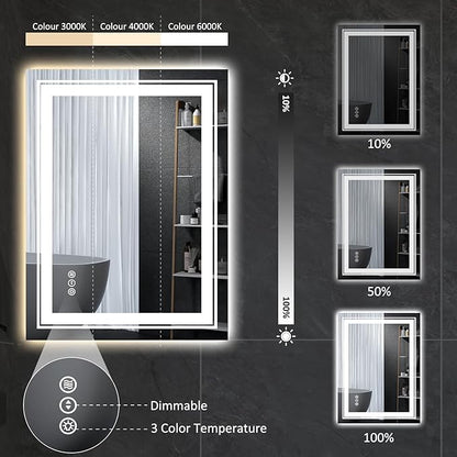 Snowdool 32" x 24" LED Bathroom Mirror with Lights, Front and Backlit Mirror, Anti-Fog Lighted Vanity Mirror, Stepless Dimmable, 3 Colors LED Mirror (Horizontal/Vertical)