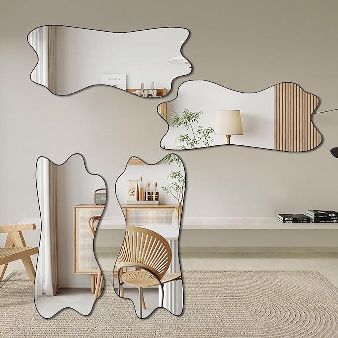 Irregular Mirror, 47.2"x21.2" Asymmetrical Aesthetic Wall Mirror, Modern Frameless Decorative Mirrors for Living Room Bedroom Entryway Hallway Fireplace, Horizontal or Vertical Hanging