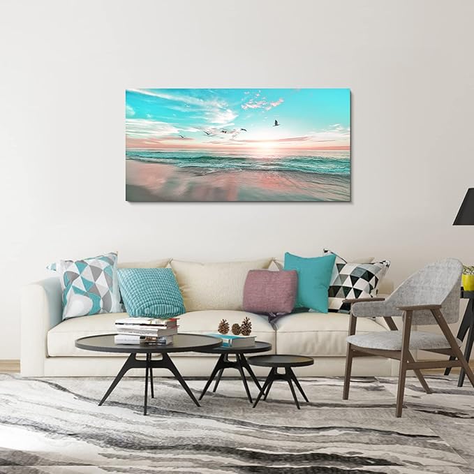 Ocean Beach Sunrise Wall Art,Ephany Art,1 Pieces Canvas Wall Art Sunset View, Landscape Canvas Paintings, Stretched and Framed Ready To Hang (D-1pcs,20x40inchx1pcs)