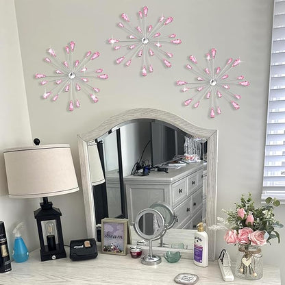 DXYAKY Set of 3 Pink Metal Starburst Wall Art Decor, Rhinestone Crystal Home Decor Accents, 11.8 Inch Decorative Wall Hanging Diamond, Jeweled Sparkle Wall Sculptures for Living Room Bedroom