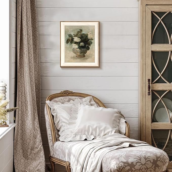 Uniro Vintage Floral Wall Art Framed, Neutral Flower Still Life Oil Painting, White Roses Canvas Prints Artwork with Antique Frame, Farmhouse Wall Decor for Bedroom, Kitchen, Shelf, Bathroom Wall Decor, Cottagecore Room Decor - 10x12Inch