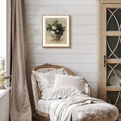 Uniro Vintage Floral Wall Art Framed, Neutral Flower Still Life Oil Painting, White Roses Canvas Prints Artwork with Antique Frame, Farmhouse Wall Decor for Bedroom, Kitchen, Shelf, Bathroom Wall Decor, Cottagecore Room Decor - 10x12Inch