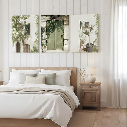Yxjyzzkx Mediterranean Olive Green Wall Art Set of 3, Italy Courtyard Door Canvas Prints, Tuscany Landscape Triptych Wall Decor, Vintage European Canvas Art for Living Room Bedroom Office, 12x16 Inch