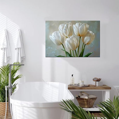 Flowers Wall Art White Tulips Bathroom Decor Modern Spring Floral Paintings Canvas Prints Artwork for Living Room Bedroom Home Decoration Framed