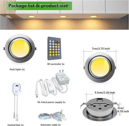 Smart Puck Lights 2700-6500k Tunable Under Cabinet Lighting with Alexa,Google Home,App & Remote Control, LED Puck Light Dimmable for Kitchen,Shelf,Workbench,RV Ceiling,Recess Mount,12V,2W/pc,3pcs
