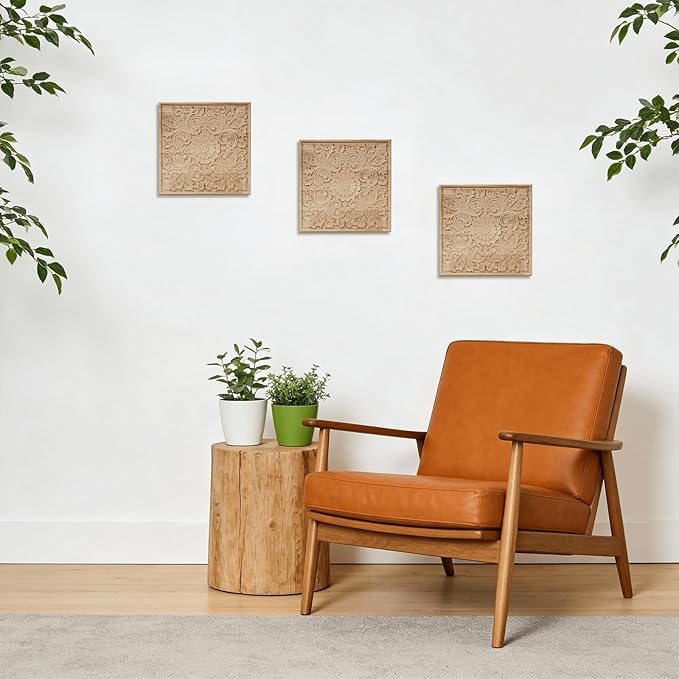 NAHARO Modern Hand Carved Wooden Wall Art – Square Wood Sculpture Decor, Boho Rustic Home Decor for Living Room, Bedroom, Entryway
