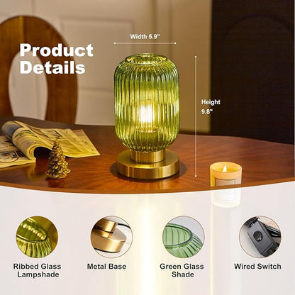 Bedside Table Lamp with Green Glass Shade, Small Nightlight Lamp Elegant Glass Nightstand Lamps Modern Desk Light with Plug-in Style for Bedroom Living Room Tabletop Dia5.9 x H9.8