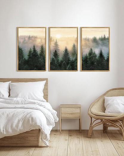 Drsoum Green Fog Pine Tree Landscape Wall Art Framed Nature Misty Nordic Forests Prints Morden Farmhouse Rustic Artwork Hallway Bedroom Ready to Hang 24x36in Natural Framed