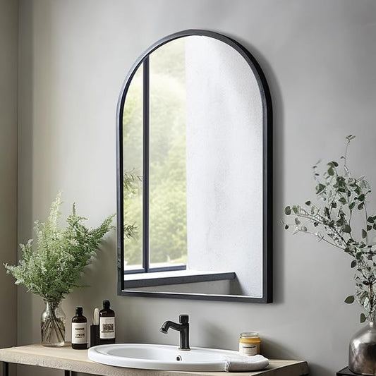 Wall Mounted Mirror, 38x24 Inch Black Bathroom Mirror, Arched Window Mirrors for Wall, Arched Top Mirror with Metal Frame, Vanity Mirror for Living Room or Bedroom