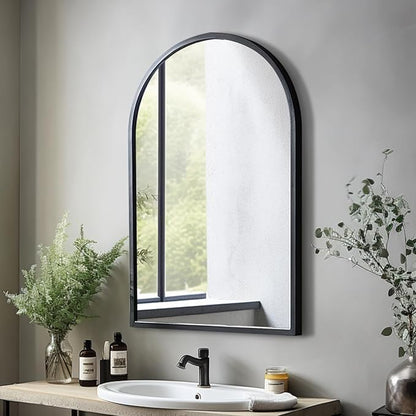 Wall Mounted Mirror, 30“x20 Black Bathroom Mirror, Arched Window Mirrors for Wall, Arched Top Mirror with Metal Frame, Vanity Mirror for Living Room or Bedroom