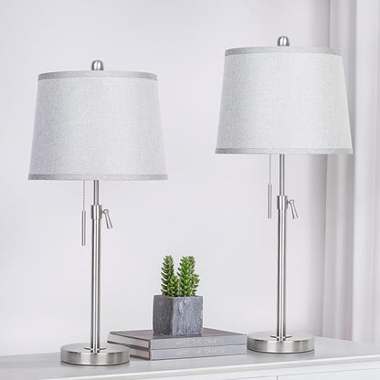 JUNNAI Table Lamps Set of 2, Bedside Lamp Silver Tall Table Lamps for Living Room End Tables, 22" to 30" Adjustable Height Lamp for Bedroom Nightstand Farmhouse with Pull Chain(Bulbs Included)