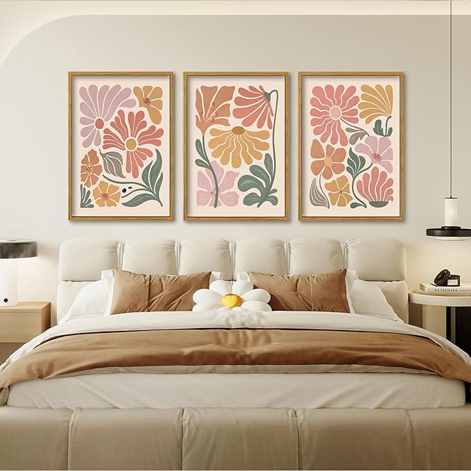 TBKHUDBI Framed Boho Flower Wall Art Abstract Floral Canvas Pictures Prints Set of 3 Minimalist Botanical Painting Poster Flower Market Aesthetic Wall Decor for Living room Bedroom 12"x16"