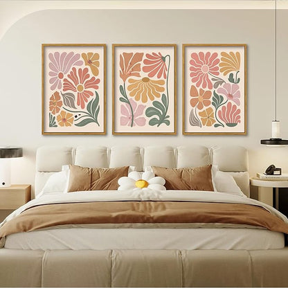 TBKHUDBI Framed Boho Flower Wall Art Abstract Floral Canvas Pictures Prints Set of 3 Minimalist Botanical Painting Poster Flower Market Aesthetic Wall Decor for Living room Bedroom 12"x16"