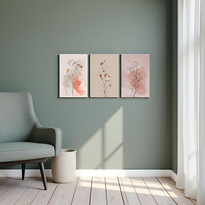 okudolit Boho Vintage Flower Wall Art Set of 3 Minimalist Floral Botanical Prints Rustic Wildflower Wall Decor Beige and Pink Neutral Plant Painting for Living Room Bedroom Office-12x16in