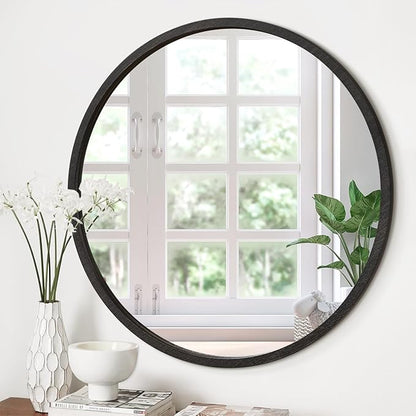 JJUUYOU Circle Wall Mirror 24 Inch Large Round Wall Mounted Antique Mirror for Bathroom Large Wood Frame Mirrors for Living Room Bedroom Washroom Dorm
