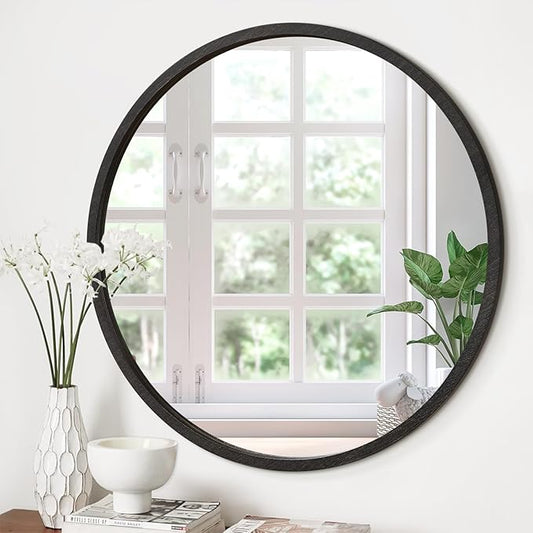 JJUUYOU Circle Wall Mirror 24 Inch Large Round Wall Mounted Antique Mirror for Bathroom Large Wood Frame Mirrors for Living Room Bedroom Washroom Dorm