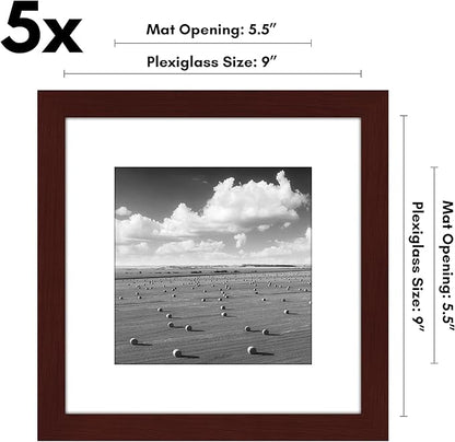 Americanflat 9x9 Picture Frame with Polished Plexiglass - Set of 5 - Use as 6x6 Frame with Mat or Display 9x9 Photo Without Mat - Galleria Collection - Square Frames for Tabletop and Wall - Mahogany