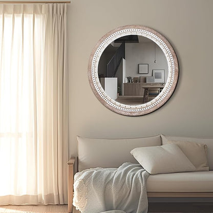 Reflinto 24 Inch Boho Wooden Round Mirror for Wall Decor, Rustic Farmhouse Circle Mirrors Decorative for Bathroom Over Sink, Living Room, Entryway, Hallway