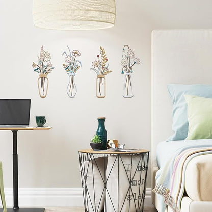 4PCS Metal Flowers Wall Arts Minimalist Flower Wall Decors Rustic Farmhouse Floral Wall Art Metal Wall Decor for Living Room Bathroom Bedroom Dining Room Housewarming Gifts (Multicolored)