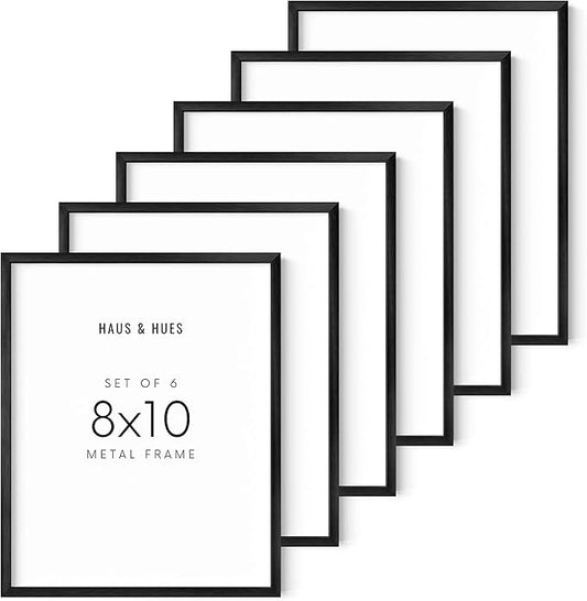 HAUS AND HUES 8x10 Black Metal Picture Frames - Features Premium Aluminum & Hanging Hardware, Shatterproof Plexiglass - Ideal for Home, Room, Office (8x10 in, Black, Set of 6)