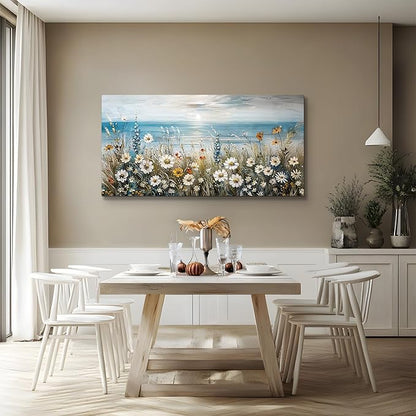 SERIMINO Large Wall Art for Living Room, Coastal Landscape Wall Decor, Beach Daisy Canvas Prints Farmhouse Decor, Wildflowers Bathroom Pictures Home Decor Aesthetic, Dining Room Kitchen Artwork 29"X57"