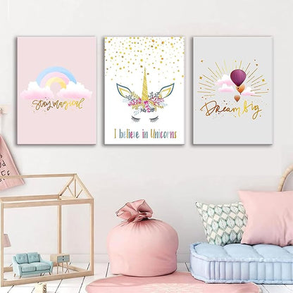 Colorful Unicorn Wall Art for Girls Bedroom Pink Unicorn Poster Pictures 3 pcs Motivational Rainbow Hot Air Balloon Cartoon Unicorns Paintings for Teen Girl Women Nursery Bathroom Decor 16"x24"