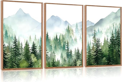 CHDITB Mountain Landscape Framed Canvas Wall Art(24"x36"), 3 Panels Boho Nature Forest Artwork Prints, Large Abstract Modern Green Pine Trees Art Decor for Bedroom Living Room Office