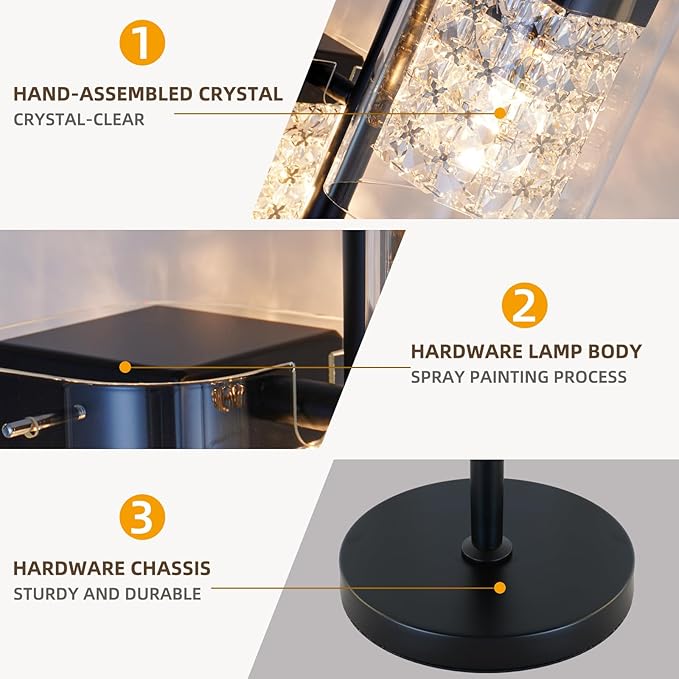 MantoLite Table Lamps with Clear Crystal Glass, Modern 2-Light Desk Lamps with Black Metal Base, Plug-in Bedside Lamp for Nightstands Bedroom, Office, Living Rooms