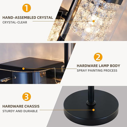 MantoLite Table Lamps with Clear Crystal Glass, Modern 2-Light Desk Lamps with Black Metal Base, Plug-in Bedside Lamp for Nightstands Bedroom, Office, Living Rooms